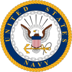 United States Navy emblem with a bald eagle, anchor, and shield encircled by a rope border and the words “United States Navy” on a blue ring.