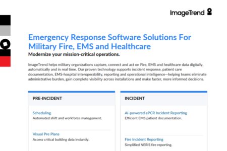 Screenshot of an ImageTrend webpage showing emergency response software solutions for military fire, EMS, and healthcare, featuring integrated carelytics capabilities with sections on pre-incident and incident features.