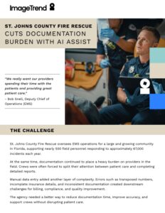 A paramedic listens attentively during a briefing; an on-screen quote highlights the use of AI to reduce EMS documentation burden at St. Johns County Fire Rescue.