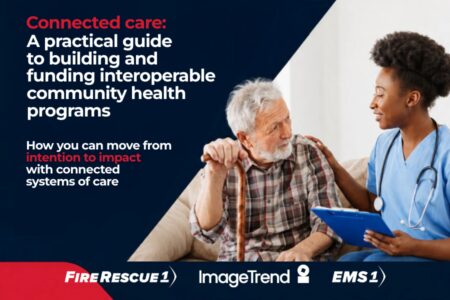 A healthcare worker with a stethoscope talks to an older man with a cane. Text reads: “Connected care: A practical guide to building and funding interoperable community health programs.”