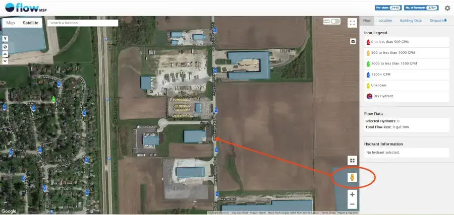 A satellite map view showing buildings, fields, a road, and a highlighted fire hydrant icon connected by an orange line to a location on the map.