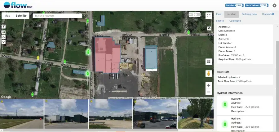 Aerial map interface shows buildings, roads, hydrant locations, and details for a property in Kankakee, IL, including address, floor data, and hydrant flow rate.