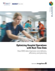 American Hospital Association Market Scan report titled “Optimizing Hospital Operations with Real-Time Data,” featuring an image of a medical professional attending to a patient in a busy hospital corridor.