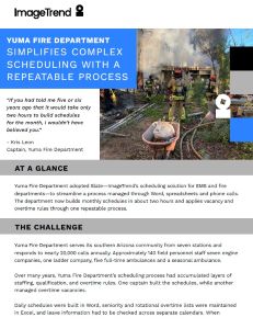 Case study poster for Yuma Fire Department featuring a photo of firefighters at a scene, highlighting how ImageTrend software simplified their scheduling process.