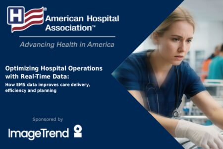 American Hospital Association graphic titled “Optimizing Hospital Operations with Real-Time Data,” featuring a healthcare worker and ImageTrend sponsorship.
