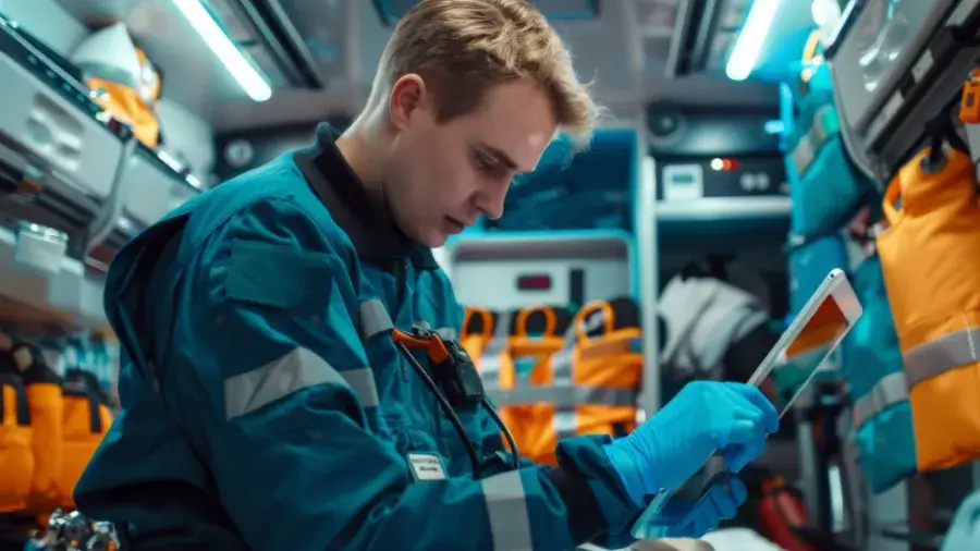 Paramedic wearing gloves looks at a tablet inside an ambulance filled with medical equipment and orange emergency bags.